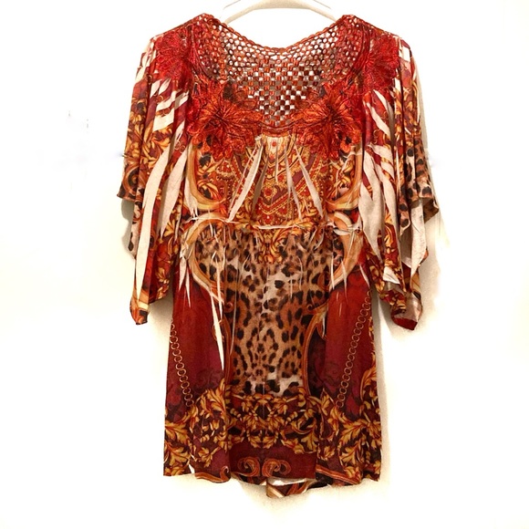 One World Colorful Orange and Red Top With Leopard Print - Picture 2 of 7